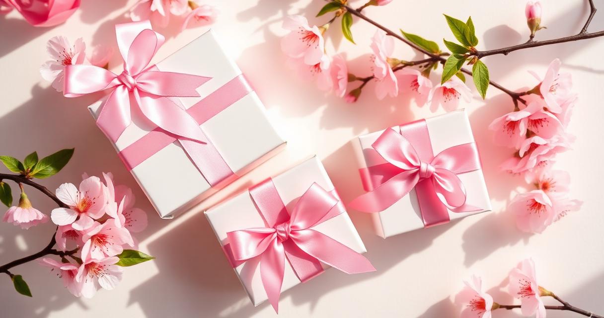 Coffrets cadeaux de printemps avec rubans roses et fleurs de cerisier
